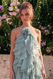 Lake Blue A Line 3D Flower Wedding Guest Dress with Ruffles