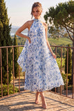 Blue Floral A Line Halter Pleated Wedding Guest Dress
