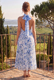Blue Floral A Line Halter Pleated Wedding Guest Dress