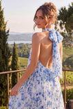 Blue Floral A Line Halter Pleated Wedding Guest Dress