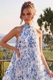 Blue Floral A Line Halter Pleated Wedding Guest Dress