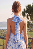 Blue Floral A Line Halter Pleated Wedding Guest Dress