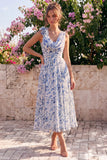 Blue Floral Cowl Neck A Line Wedding Guest Dress with 3D Flowers