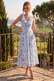 Blue Floral Cowl Neck A Line Wedding Guest Dress with 3D Flowers