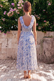 Blue Floral Cowl Neck A Line Wedding Guest Dress with 3D Flowers