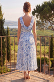 Blue Floral Cowl Neck A Line Wedding Guest Dress with 3D Flowers
