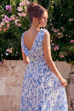 Blue Floral Cowl Neck A Line Wedding Guest Dress with 3D Flowers