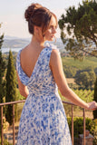 Blue Floral Cowl Neck A Line Wedding Guest Dress with 3D Flowers