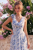 Blue Floral Cowl Neck A Line Wedding Guest Dress with 3D Flowers