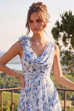 Blue Floral Cowl Neck A Line Wedding Guest Dress with 3D Flowers
