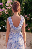 Blue Floral Cowl Neck A Line Wedding Guest Dress with 3D Flowers