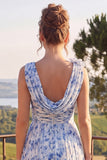 Blue Floral Cowl Neck A Line Wedding Guest Dress with 3D Flowers