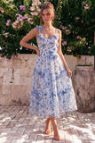 Floral Blue Square Neck A Line Midi Wedding Guest Dress with 3D Flowers