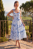Floral Blue Square Neck A Line Midi Wedding Guest Dress with 3D Flowers