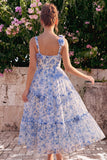 Floral Blue Square Neck A Line Midi Wedding Guest Dress with 3D Flowers