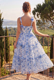 Floral Blue Square Neck A Line Midi Wedding Guest Dress with 3D Flowers
