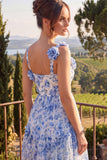 Floral Blue Square Neck A Line Midi Wedding Guest Dress with 3D Flowers