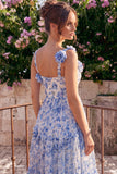 Floral Blue Square Neck A Line Midi Wedding Guest Dress with 3D Flowers