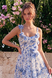 Floral Blue Square Neck A Line Midi Wedding Guest Dress with 3D Flowers