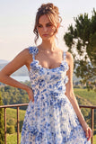 Floral Blue Square Neck A Line Midi Wedding Guest Dress with 3D Flowers