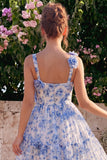 Floral Blue Square Neck A Line Midi Wedding Guest Dress with 3D Flowers