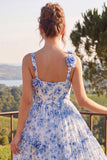 Floral Blue Square Neck A Line Midi Wedding Guest Dress with 3D Flowers