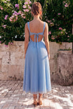 Light Blue A Line Corset Pleated Square Neck Wedding Guest Dress