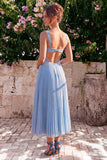 Light Blue A Line Corset Pleated Square Neck Wedding Guest Dress