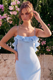 Light Blue Mermaid Ruffled Wedding Guest Dress