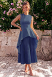 Yellow A Line Pleated Midi Wedding Guest Dress