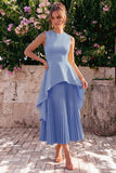 Yellow A Line Pleated Midi Wedding Guest Dress