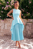 Yellow A Line Pleated Midi Wedding Guest Dress