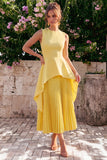 Yellow A Line Pleated Midi Wedding Guest Dress
