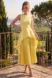 Yellow A Line Pleated Midi Wedding Guest Dress