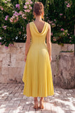 Yellow A Line Pleated Midi Wedding Guest Dress