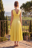 Yellow A Line Pleated Midi Wedding Guest Dress