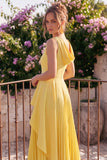 Yellow A Line Pleated Midi Wedding Guest Dress