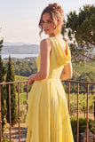Yellow A Line Pleated Midi Wedding Guest Dress
