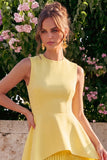 Yellow A Line Pleated Midi Wedding Guest Dress
