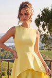Yellow A Line Pleated Midi Wedding Guest Dress