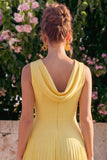 Yellow A Line Pleated Midi Wedding Guest Dress