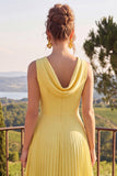 Yellow A Line Pleated Midi Wedding Guest Dress