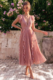 Dusty Rose V Neck A Line Pleated Midi Wedding Guest Dress
