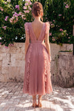 Dusty Rose V Neck A Line Pleated Midi Wedding Guest Dress
