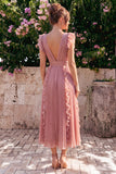 Dusty Rose V Neck A Line Pleated Midi Wedding Guest Dress