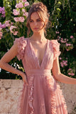 Dusty Rose V Neck A Line Pleated Midi Wedding Guest Dress
