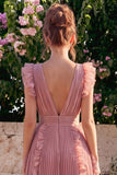 Dusty Rose V Neck A Line Pleated Midi Wedding Guest Dress