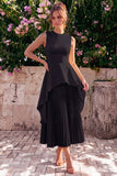 Black Halter Pleated A Line Wedding Guest Dress with Slit