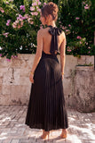 Black Halter Pleated A Line Wedding Guest Dress with Slit