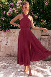 Black Halter Pleated A Line Wedding Guest Dress with Slit